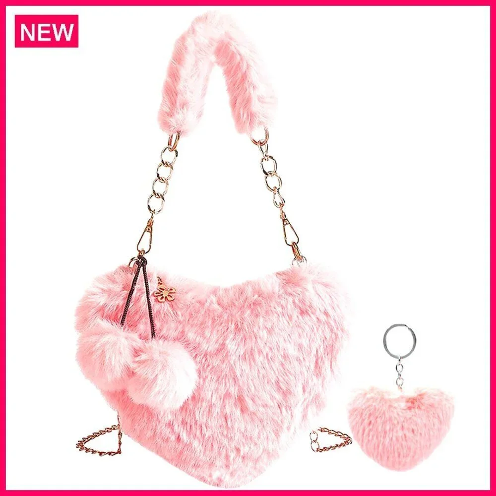 Furry Heart Shaped Crossbody Purse for Girls, 9.2x8 Inches, Soft Faux Fur